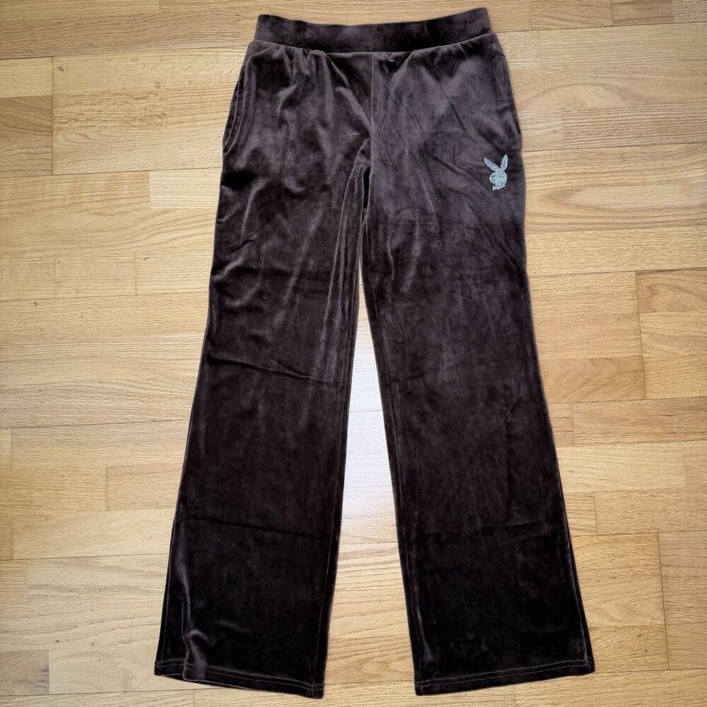 Playboy Velour Wide Leg Sweatpants Brown M EUC Y2K McBling Rhinestone Velvet